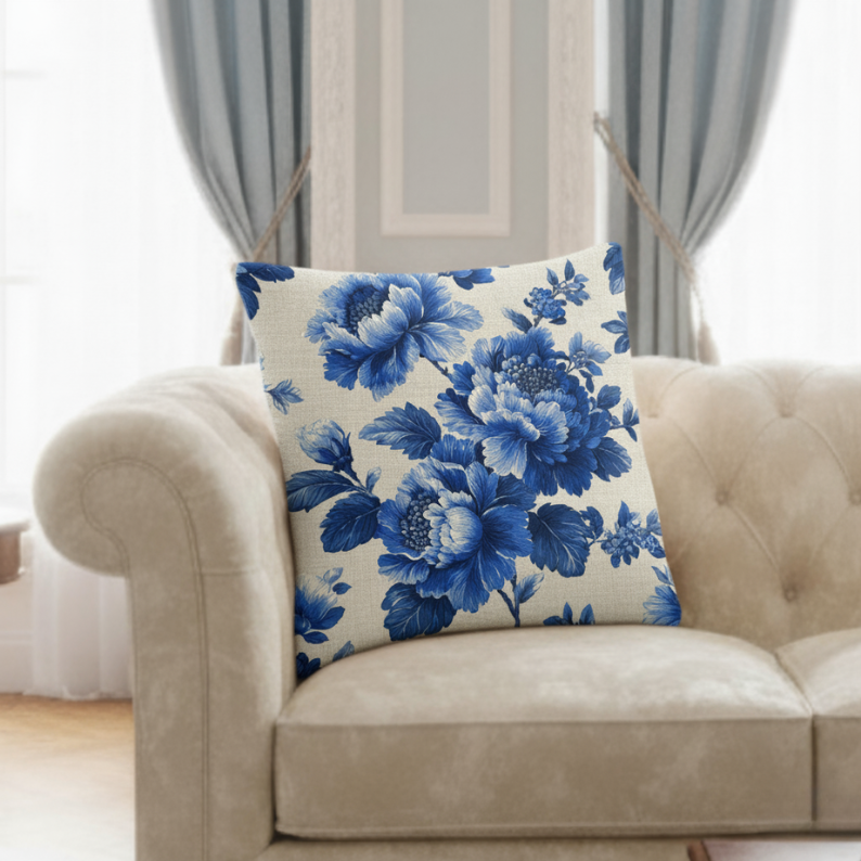 Blue and white floral pillow by Mediterraluxe — handcrafted linen cushion inspired by vintage botanicals and Mediterranean heritage decor