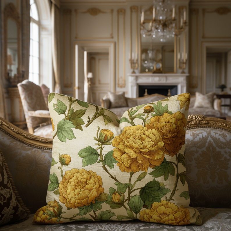 Golden floral pillow by Mediterraluxe — handcrafted linen cushion featuring vintage-inspired embroidery and heritage botanical design.