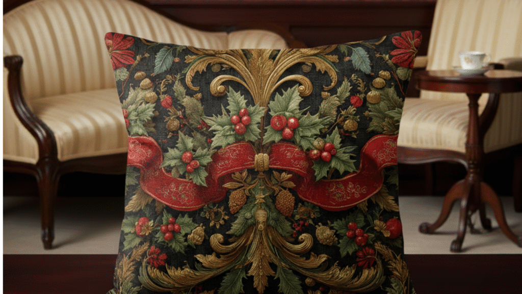 Trompe l’oeil pillow with heritage botanical illusion