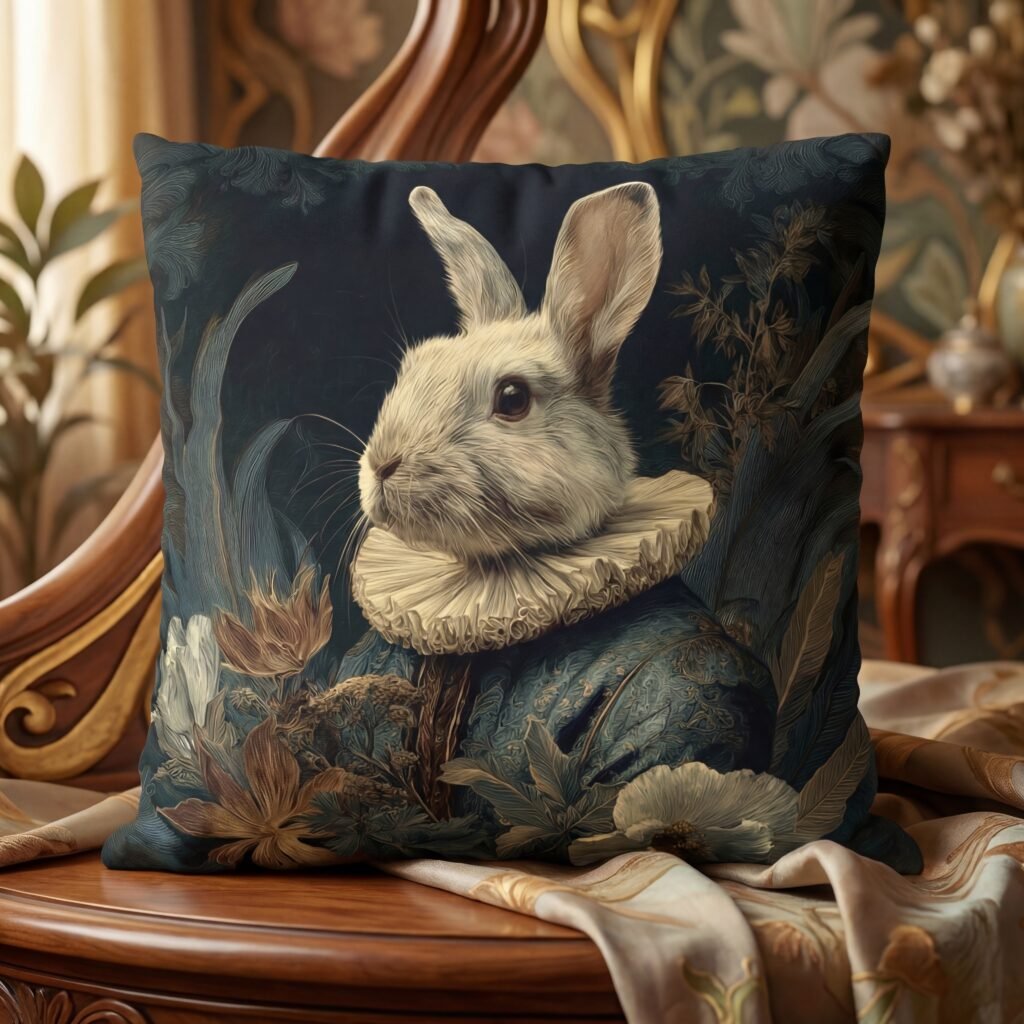 renaissance npbble rabbit in teal colors pillow