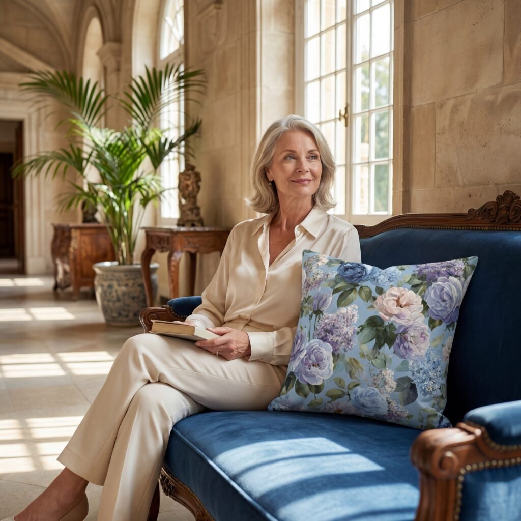 sofa in hall with lady english pillow