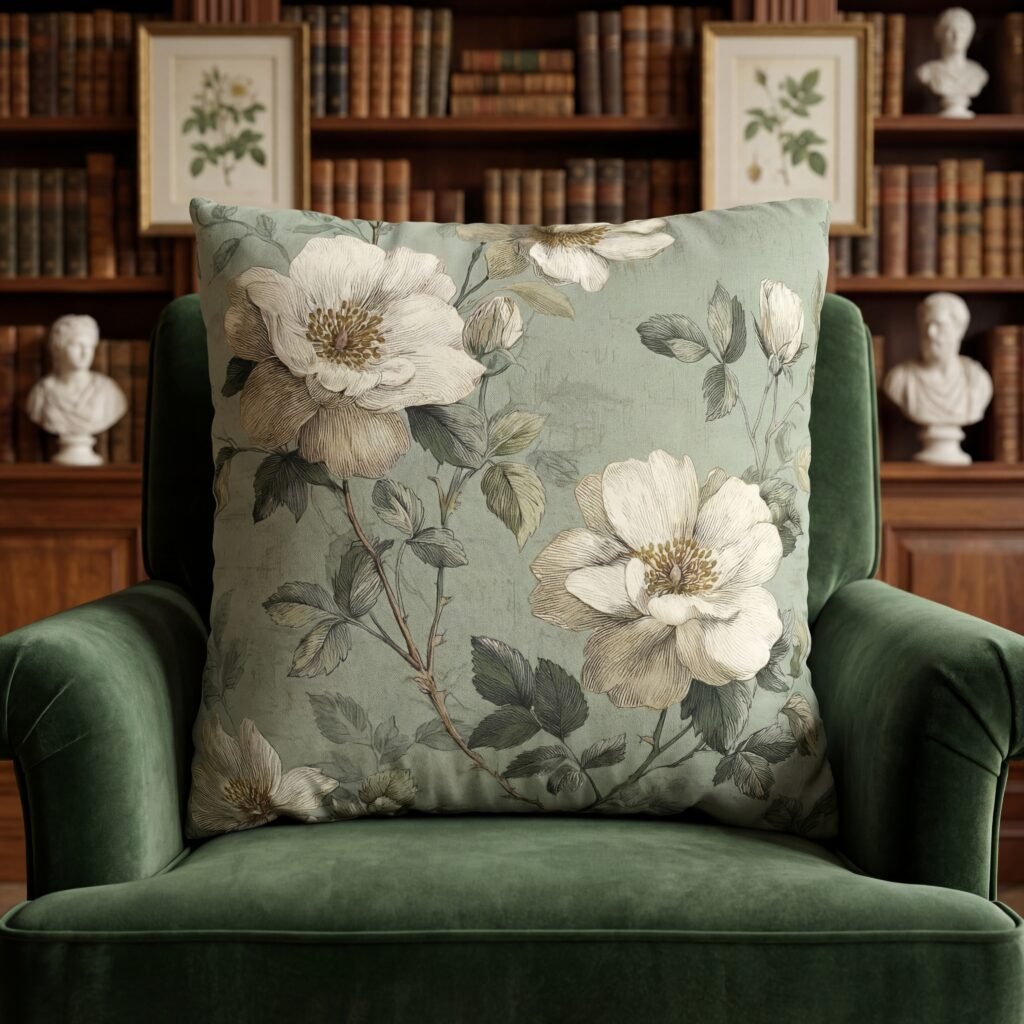 green velvet chair sage pillow