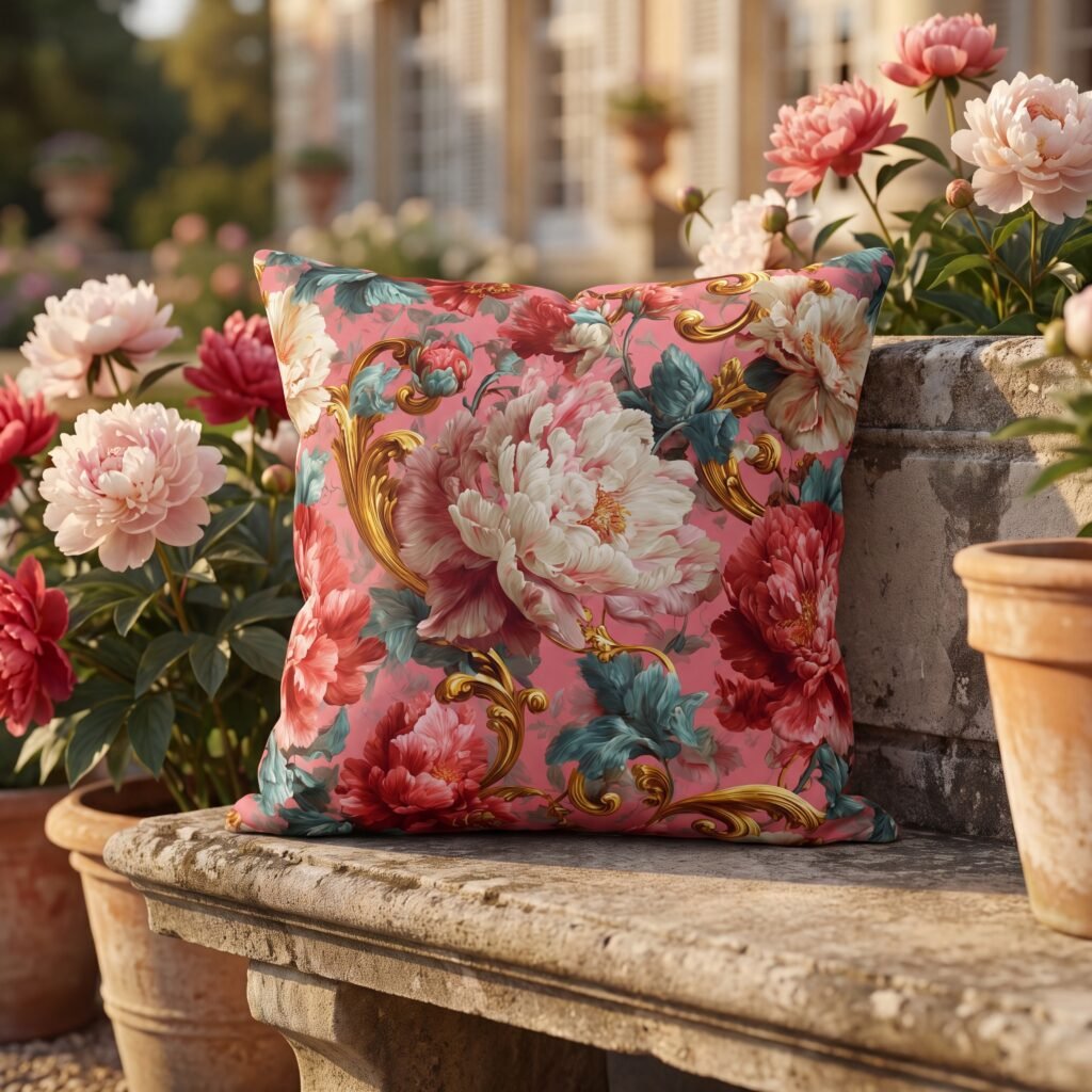 These Pillows Will Make You Take Coffee Outside Every Day outdoor pillow splash pink peonies garden view